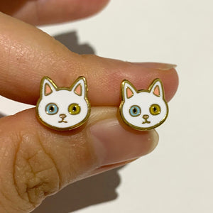 White Cat Earrings (Brass + Gold ) Hypoallergenic